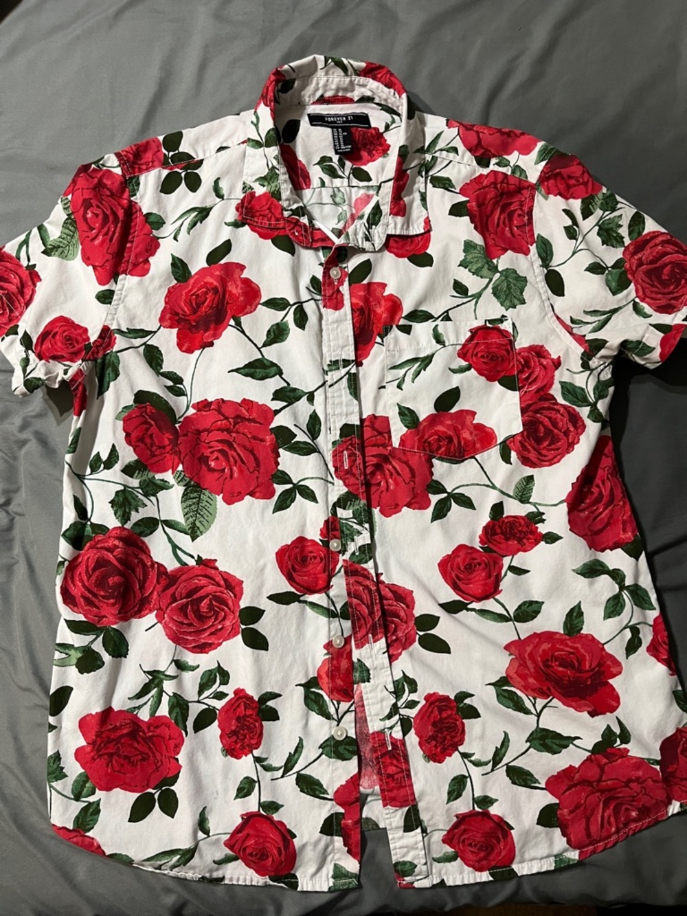 Forever 21 White Short-Sleeve Button-Up with Red Rose Print